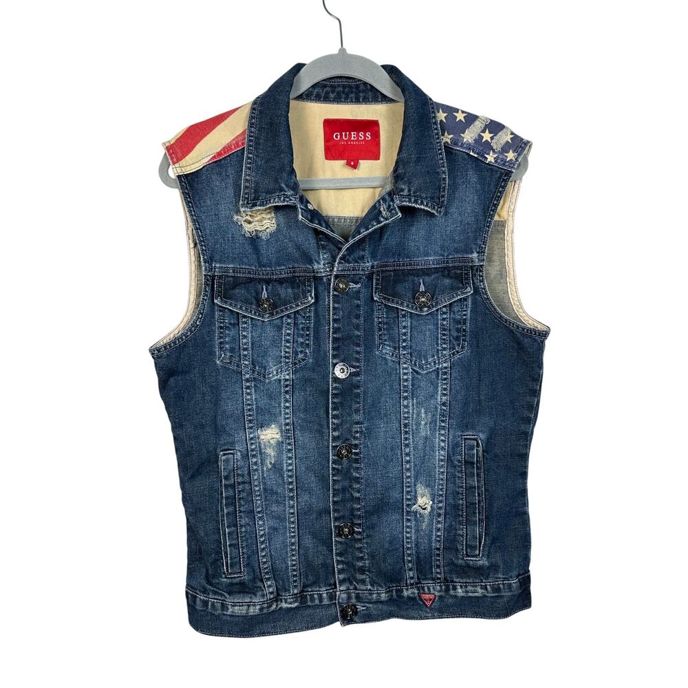 Guess Women's Sleeveless Denim Jacket with American Flag Yoke - Blue, Red, White - Picture 4 of 9